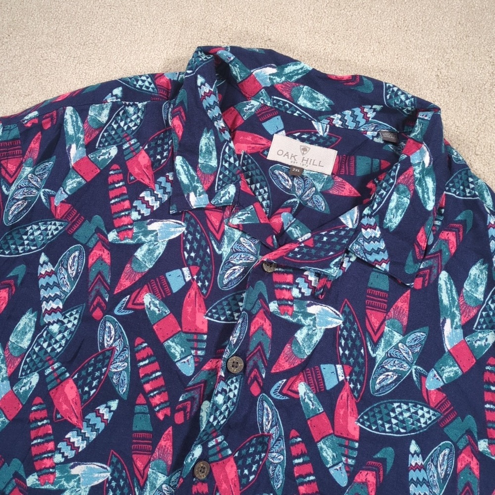 Oak Hill Shirt Mens 2XL Blue Rayon Surf Paddle Casual Button Down Short Sleeve